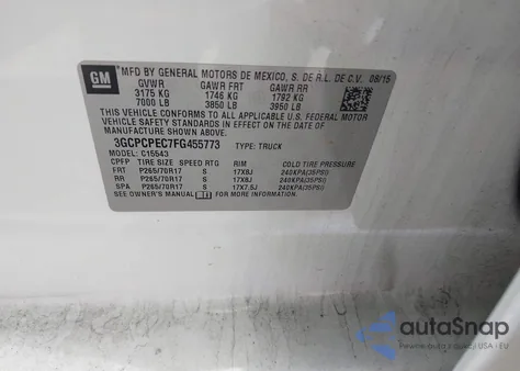 2015 Chevrolet Silverado 1500 Wt из США, поврежденный, VIN 3GCPCPEC7FG455773